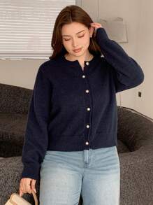 Dazy Petite Plus Solid Color Crew Neck Sweater Fitted Cardigan Jacket In Navy, Spring/Summer/Autumn