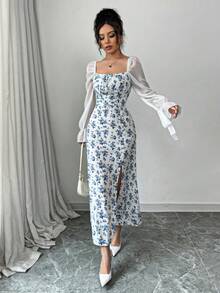 Elenzga 女士网眼拼布长袖开衩休闲长裙 - 藍色 - 查看 6