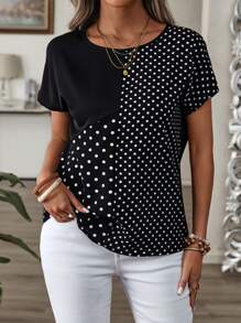 EMERY ROSE 大码休闲波尔卡圆点印花拼布衬衫，女士春季服装，热带度假女装