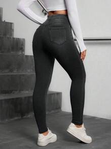 Flexra Women's Casual & Versatile Cross Stretchy Knit Waist Elastic Comfy Mid-Blue Knit Denim Pants, All Season - Black - View 2