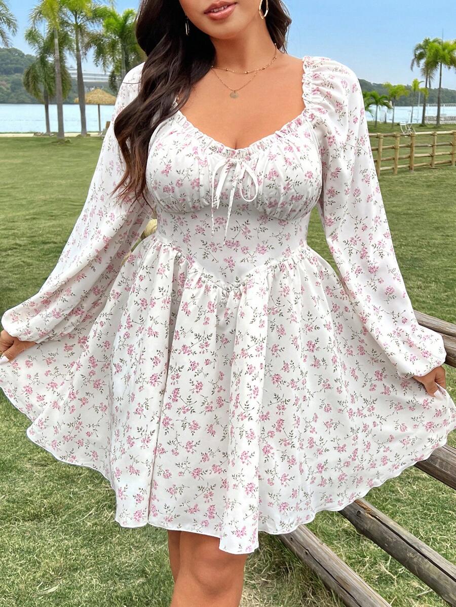 Flirla 大码女式方领碎花长袖蝴蝶结系腰优雅可爱复古风格喇叭 A 字迷你连衣裙,带网眼下摆 - 彩色 - 查看 1