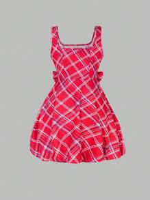 SHEIN Vestido suelto de princesa con cintura ceñida, estilo británico dulce, de cuadros rojos, cuello cuadrado y sin mangas, para uso diario [Conjunto a juego de mamá e hija, se vende por separado]