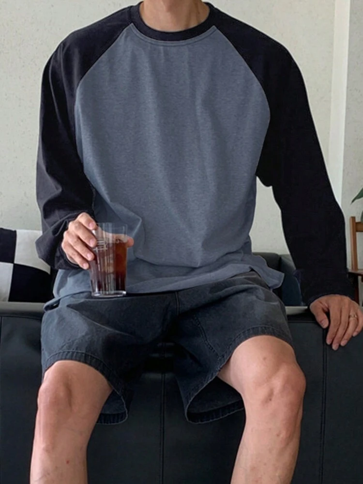 Men's Color Block Patchwork Crew Neck Long Sleeve Casual Top Tee,Back To School Clothes, Fall