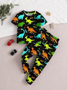Boys' Casual Simple Snug Fit Round Neck Short Sleeve Pants Loungewear Set, Suitable For All Seasons - Multicolor - View 1
