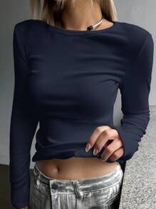 DAZY Áo thun nữ cổ tròn tay dài màu trơn, thoải mái, có lót giữ nhiệt, thời trang thu đông - Màu xanh lam - Xem 6