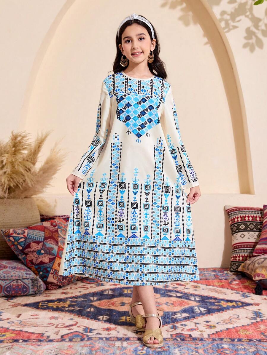 Tween Girl Floral Print Dress & Outfit Sets, Blue Placement Flowers, Summer Holiday Boho Style,Holiday,Summer,Travel - Blue - View 1