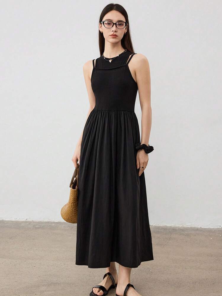 Women's Sleeveless Layered Splice Midi Dress, Business Casual Slim Fit A-Line Tank Dress Old Money Style