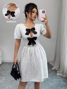 Chiquease Nuevo vestido-jersey de felpa con lazo, diseño francés dulce y romántico de lunares, para primavera/verano para mujeres