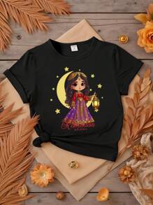 SHEIN Áo thun tay ngắn cổ tròn in họa tiết thời trang thường ngày cho bé gái theo đạo Hồi Ramadan Mubarak, Quần áo cho bé gái theo đạo Hồi - màu đen - Xem 1