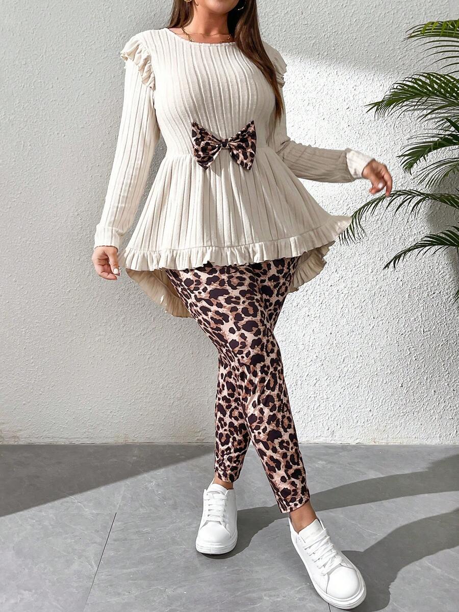 SHEIN Essnce Plus Size damski garnitur, garnitur z kokardą, ładny garnitur, zestawy damskie z kokardą, stroje wyjściowe na wiosnę, swobodny garnitur z nadrukiem w panterkę - Morela - Zobacz 1