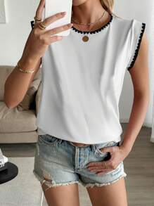 SHEIN LUNE Casual Fit Round Neck Short Cap Sleeve Contrast Ribbon T-Shirt - White - View 5
