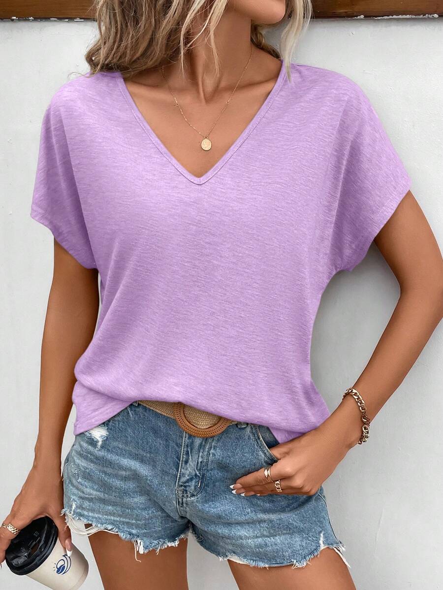 SHEIN Frenchy 女士 V 领短袖休闲衬衫 - 淡紫色 - 查看 1
