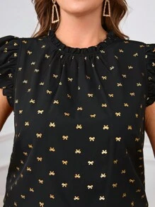 SHEIN Clasi 女士加大码蝴蝶结金属面料盖袖衬衫，优雅适合日常商务通勤，春夏 - 彩色 - 查看 2