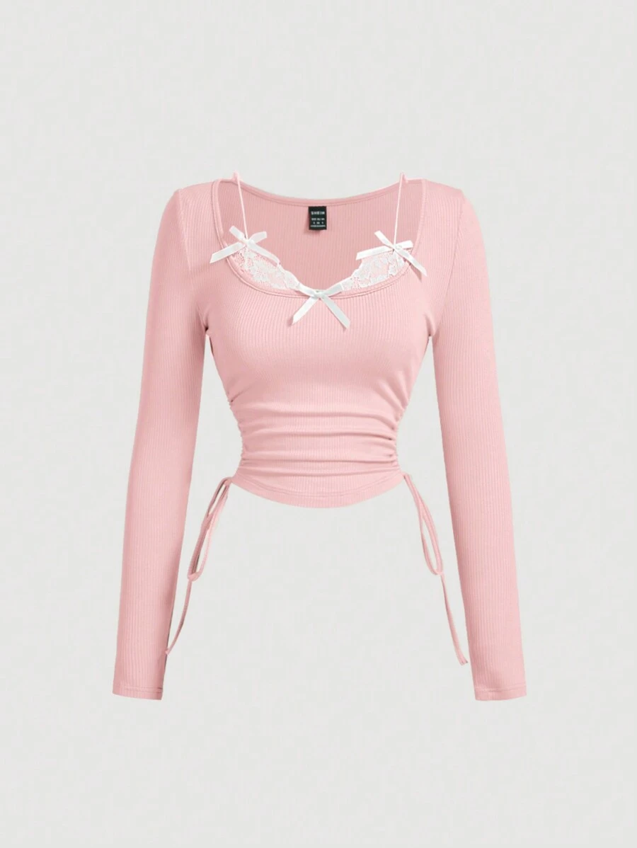 SHEIN MOD Áo thun dài tay trang trí ren và nơ cổ điển lãng mạn 2 trong 1 dành cho nữ, Áo nữ, Áo thun nữ - Hồng - Xem 1