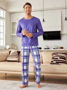 CoupledUp Conjunto de pijama casual de manga larga a cuadros y de color block para hombre