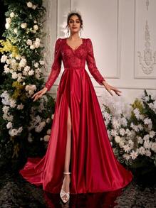 Glamrae Elegant Luxurious Romantic V-Neck Long Sleeve French Lace And Chiffon With Ruffle And Backless Design, Glossy Satin Extra-Large A-Line Hem Wedding Dress, Suitable For Weddings, Parties, Vacation, Graduation, Bridal - Red - View 7