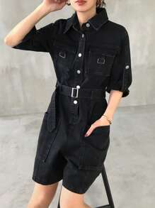 FRIFUL Women's Solid Color Waist Cinched Short Denim Bib Overalls & Jumpsuit