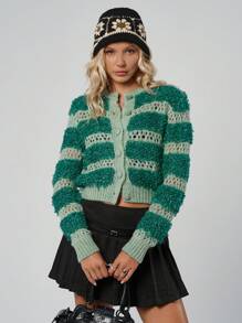 Casual Crew Neck Long Sleeve Buckle Yarn Combined With Hollow Out Crochet Crop Cardigan Smart Casual Back To School,Cardigans For Women,Petite Cardigans,Cardigans - Green - View 4