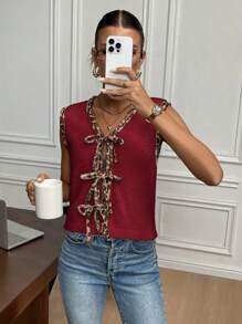 SHEIN Frenchy Women's Solid Color Patchwork Front Tie Sleeveless Simple Casual Sweater Vest Summer Christmas New Year Leopard Cheetah Red - Rose Red - View 5