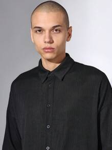 SUMWON Ribbed Knit Coordinated Set Premium Streetwear Oversized Button-Down Shirt Regular Fit Pants Loungewear Urban Fashion Modern Minimal Design Co-Ord Matching Set All-Season Comfort - Black - View 5