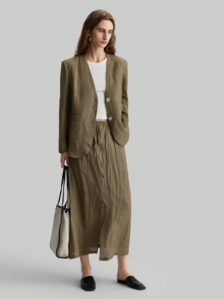 Women's 2025 New Casual Resort Style Lace-Up Front Slit Khaki Straight Long Maxi Skirt, Spring