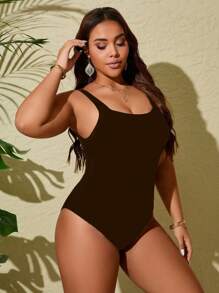 Swim Lushoire Costume da bagno intero minimal di colore unito, per donna taglie forti, adatto per l estate e le vacanze al mare