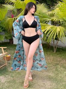 DAZY Damen Lange Ärmel Allover Blumen Muster Lässig Kimono Cover-Up mit Vorderbindung, Sommer Strand Urlaub, Herbst Damenbekleidung - Verschiedenfarbig - Übersicht 7