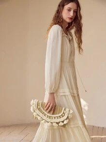 MOTF PREMIUM WOMEN'S VACATION FRINGE TAPE TRIM FLAP WOVEN CLUTCH BAG - Khaki - View 6