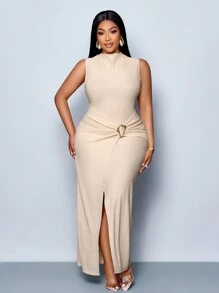 SOLERSUN Women Elegant Solid Color Sleeveless Mock Neck Collar Twisted Dress,Suitable For Christmas Party Vacation & Dating & Valentine's Day Dating