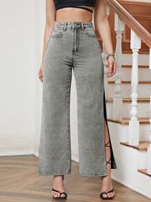SHEIN Essnce Pantaloni casual din denim pentru damă, cu tăietură laterală - Gri deschis - Vizualizare 6