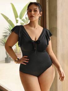 Swim Chiccia Plus Size One-Piece Swimsuit With Elegant Ruffle Trim And Front Tie, Summer Beach Collection