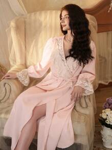 French Retro Lace-Patchwork Long Sleeve Bathrobe - Baby Pink - View 3