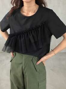 FRIFUL Women's Casual Solid Color Ruffle Mesh Trim T-Shirt, Summer Short Sleeve Top - Black - View 4