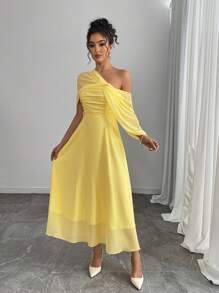 Rafferiza Vestido elegante de unicolor para mujer con chal, para primavera y verano - Amarillo - Ver 5