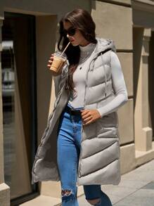 SHEIN Cottnline Sleeveless Hooded Zip-Up Long Padded Coat With Pockets - White - View 4