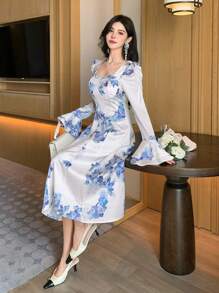 DAZY Women's Elegant Large Floral Print Dress, Summer Maxi Dress - White - View 3