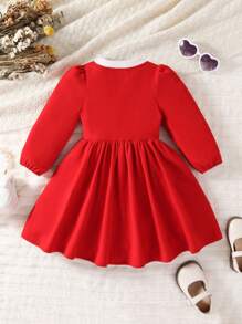 女婴优雅红色连衣裙，配有白色领子和蝴蝶结，适合秋冬时尚服装