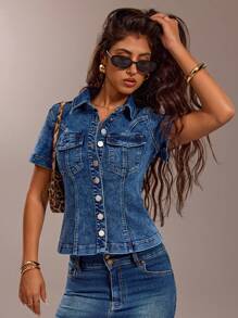 Forever 21 Spring New Slim Fit Collared High Street Women Denim Top