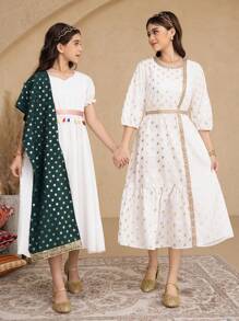SHEIN Teen Girls Foil Fabric Gold Lace Trim Traditional Style Dress - White - View 1