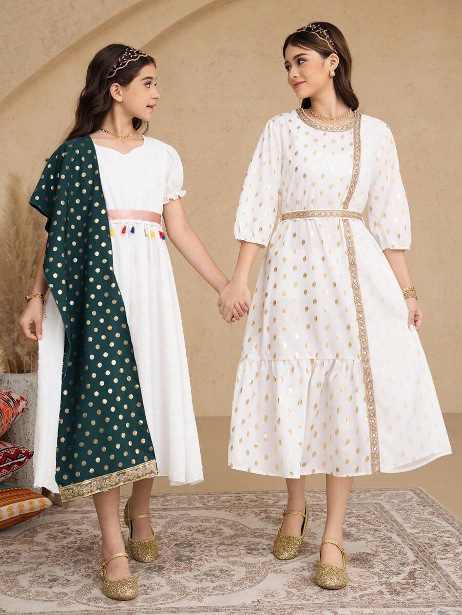 SHEIN Teen Girls Foil Fabric Gold Lace Trim Traditional Style Dress - White - View 1