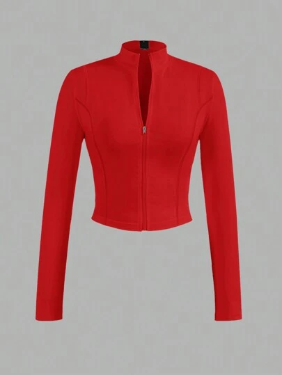 Slaydiva Chaqueta elástica casual para mujer de otoño-invierno con cremallera de cuello medio, cuello en V y mangas largas ajustadas - B