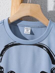 2pcs Tween Boy Casual Loose Cartoon Headphone Print Crew Neck Short Sleeve Top And Pants Knit Tracksuit Set, Suitable For Commuting, School, Everyday Wear, Sports, Spring/Summer - Blue - View 5