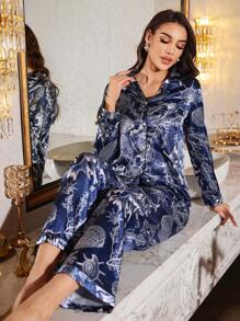 LuxeNights Conjunto de pijama de mujer con estampado de plantas marinas de manga larga y pantalón largo