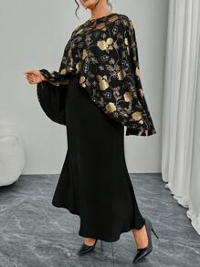 Modelyn Plus Size Foil Print Scarf & Solid Color Midi Skirt 2 Pieces Set Fall Cloth For Women