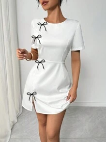 INAWLY فستان قصير أنثوي بياقة مستديرة وأكمام قصيرة، بتصميم بسيط مزين بفيونكة