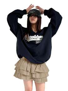 DAZY Falda-pantalón corta de mujer de estilo pastel de unicolor, multicapa, con volantes, para primavera/verano - Camel - Ver 8