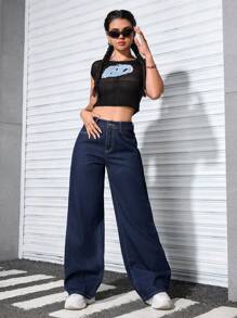 SHEIN PETITE 女式宽松阔腿休闲牛仔裤，带口袋 - 深色水洗藍 - 查看 4