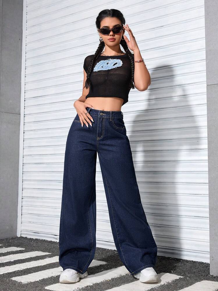 SHEIN PETITE Women's Loose Fit Wide Leg Casual Denim Pants With Pockets - Dark Wash - View 4