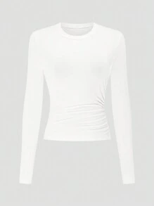 SHEIN LUNE Conjunto de 3 piezas talla grande: Top ajustado de cuello redondo de manga larga de punto con detalle de plisado lateral