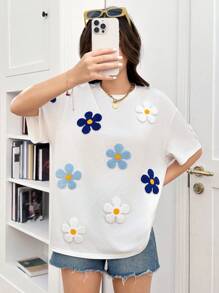 SHEIN Oversized Cute Floral Print Round Neck Loose Drop Shoulder Short Sleeve T-Shirt For Teen Girls - White - View 5